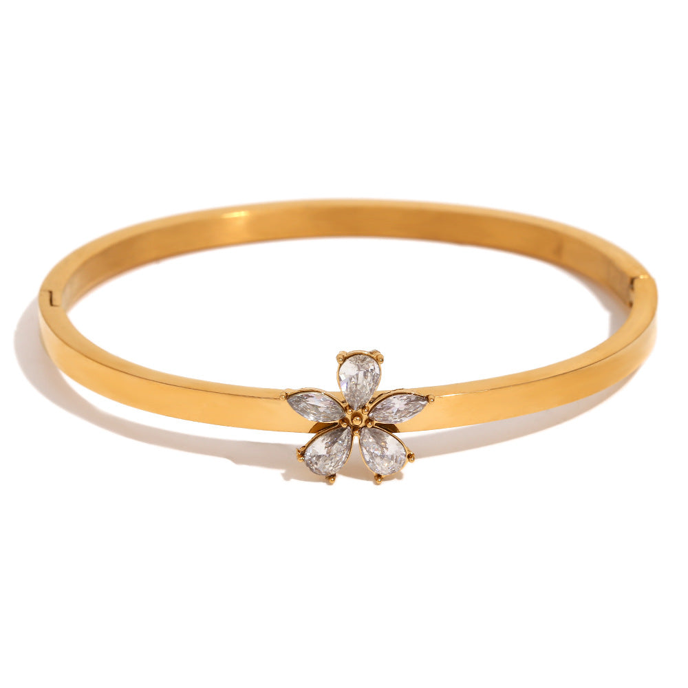 Elegant Business 18K Gold Plated Stainless Steel Floral Geometric Diamond Bangle for Women
