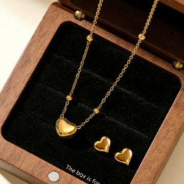 Minimalist Elegant Heart Stainless Steel Gold Plated Necklace and Earring Set for Women