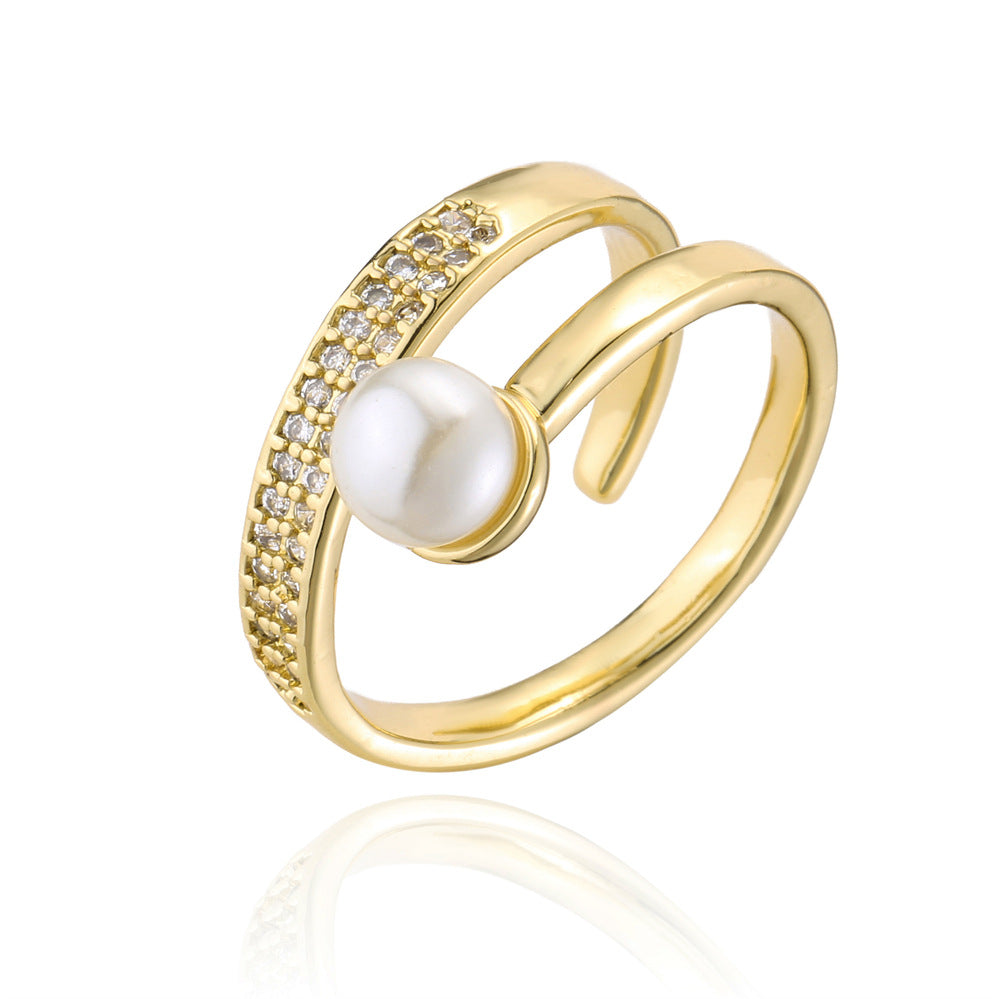 Anillo abierto geométrico para mujer de cobre con micro-pavé de circonita y chapado en oro de 18K