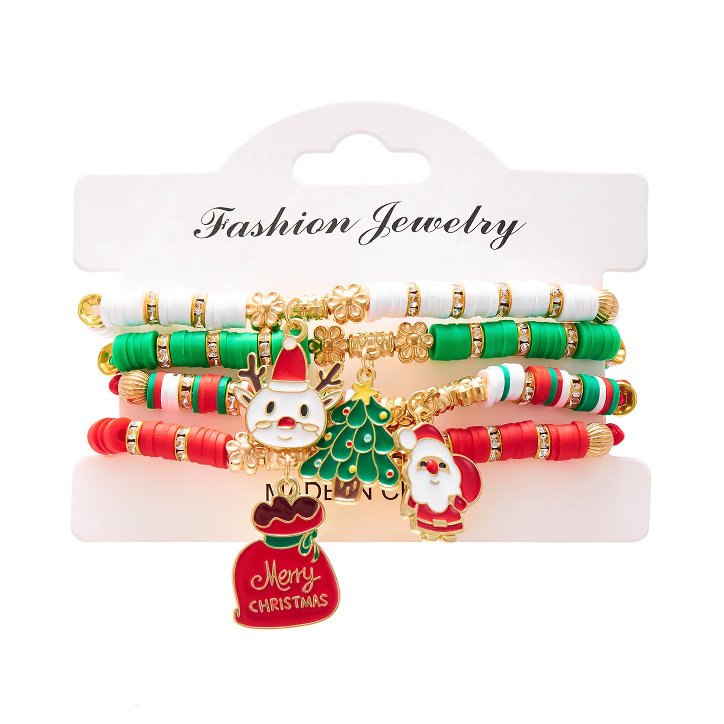 Juego de Pulseras Artesanales Navideñas con Dijes de Papá Noel y Renos en Resina, Arcilla Polimérica y Aleación con Detalles de Cristal y Vidrio para Mujer