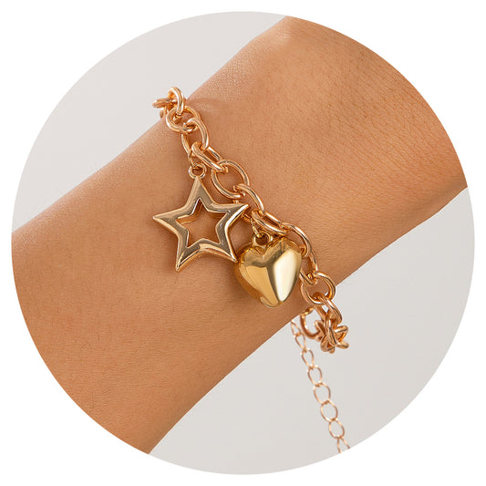 Pulsera de aleación en forma de estrella y corazón dulce y atrevida con acabado chapado para mujer