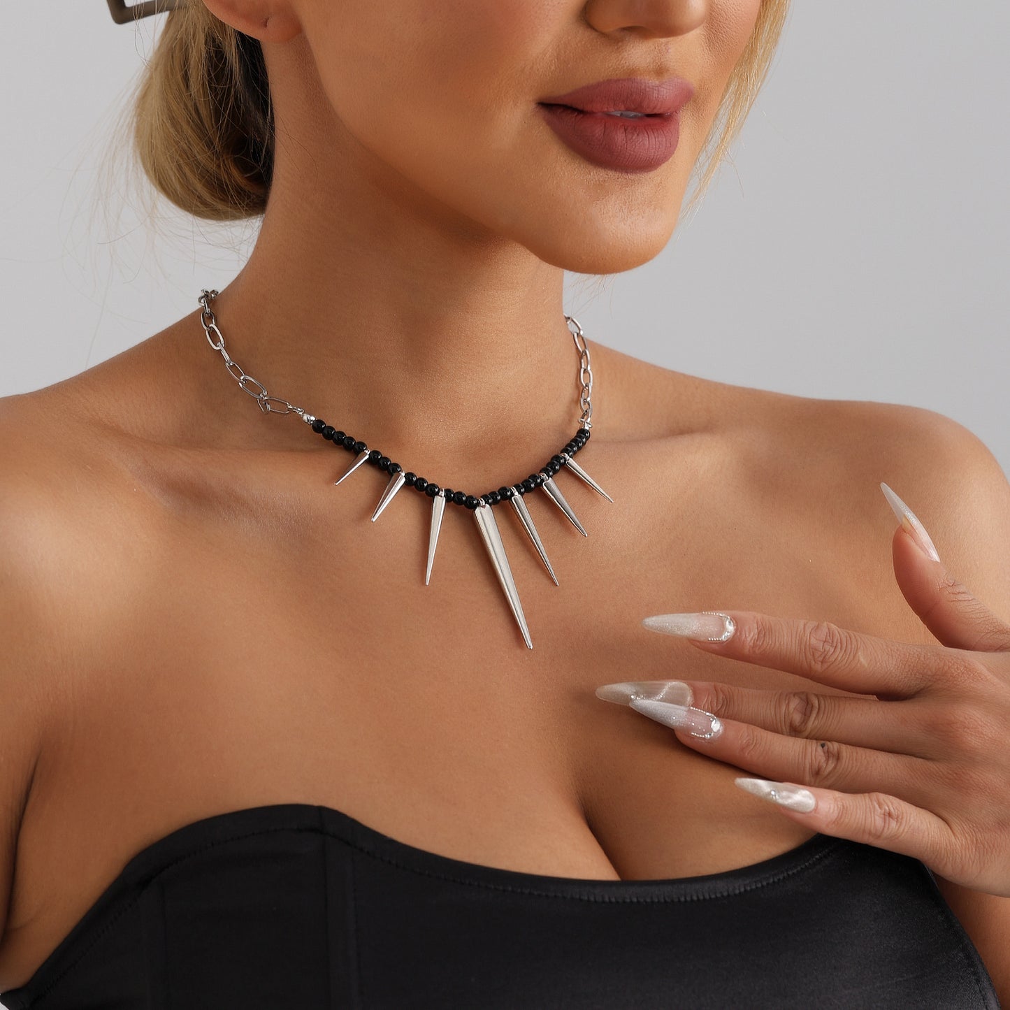 Punk-Style Geometric Pendant Necklace with Black Beaded and Rivet Accents, Electroplated Alloy, Clavicle Chain