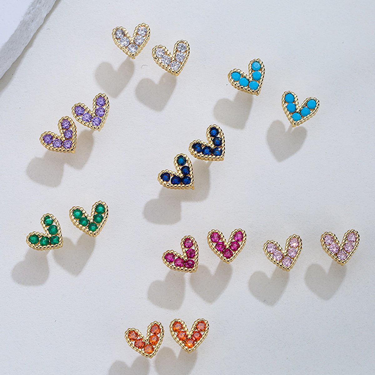 Minimalist 18K Gold Plated Brass Heart Stud Earrings with Cubic Zirconia for Women