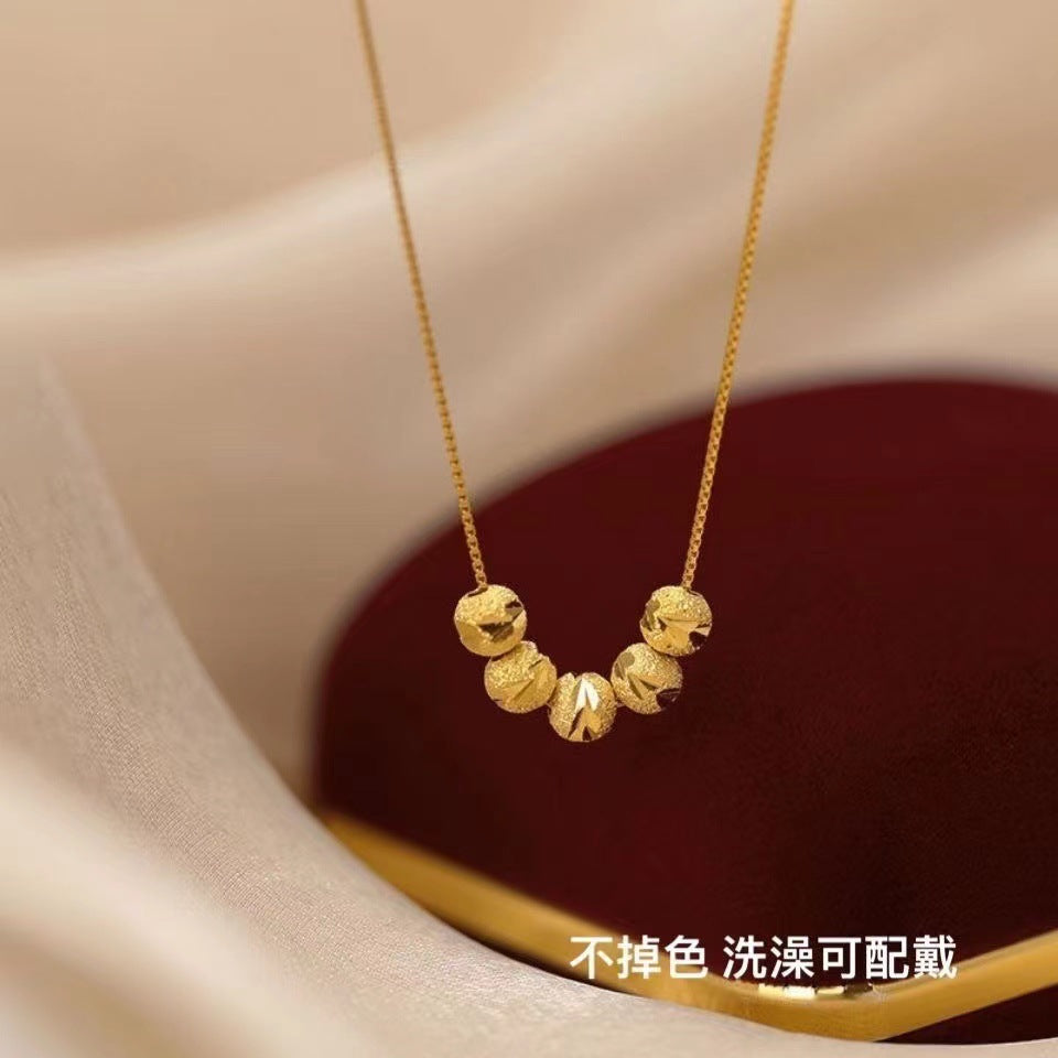 Minimalist Geometric Titanium Steel Box Chain Necklace with Gold-Plated Beads and Round Pendant