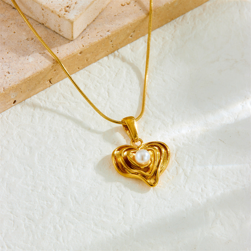 Minimalist Gold Plated Irregular Heart Pearl Pendant Stainless Steel Snake Chain Necklace for Women