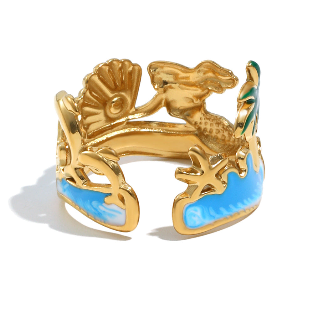 Minimalist Vacation-Style Stainless Steel Plated 18K Gold Starfish and Scallop Open Ring with Line Design