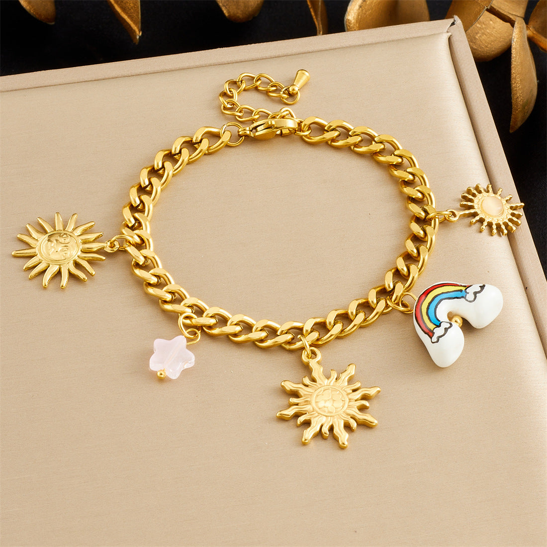 Unique Gold Plated Stainless Steel Moon Star Ceramic Rainbow Pendant Necklace and Bracelet Set for Women