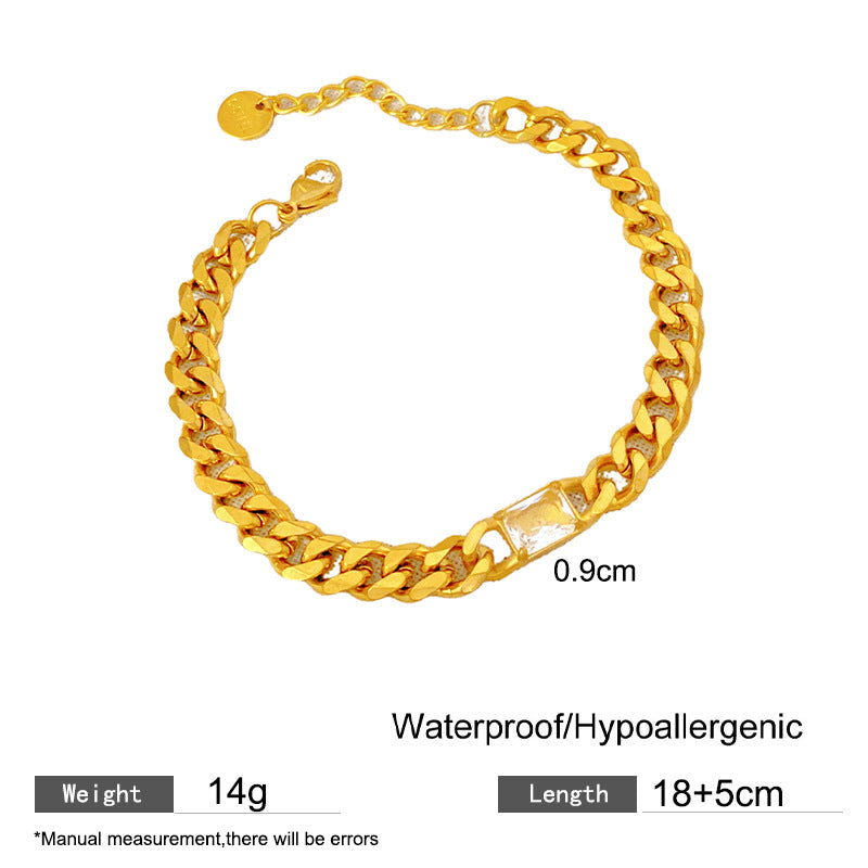 Geometric PVD Gold Plated Stainless Steel Cuban Link Chain Bracelet with Cubic Zirconia