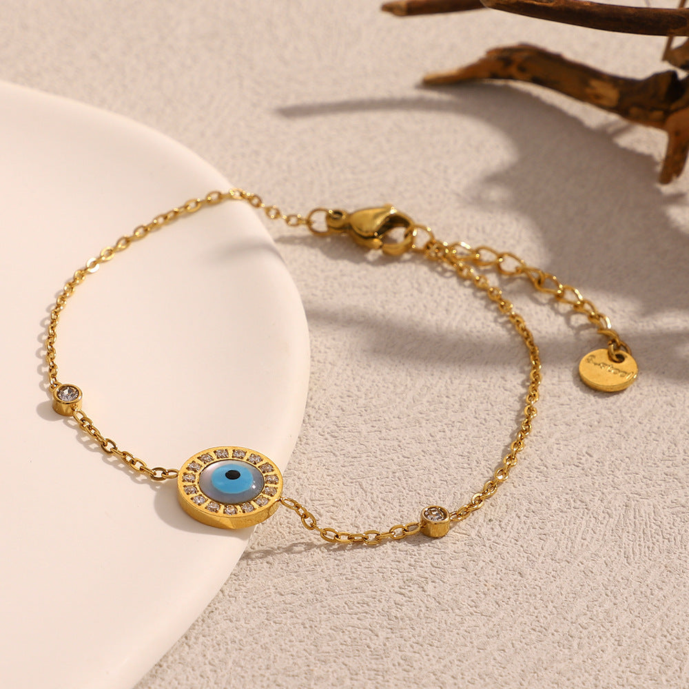 Vintage Fashionable Geometric Stainless Steel Plated 18K Gold Enamel Round Eye Bracelet for Women