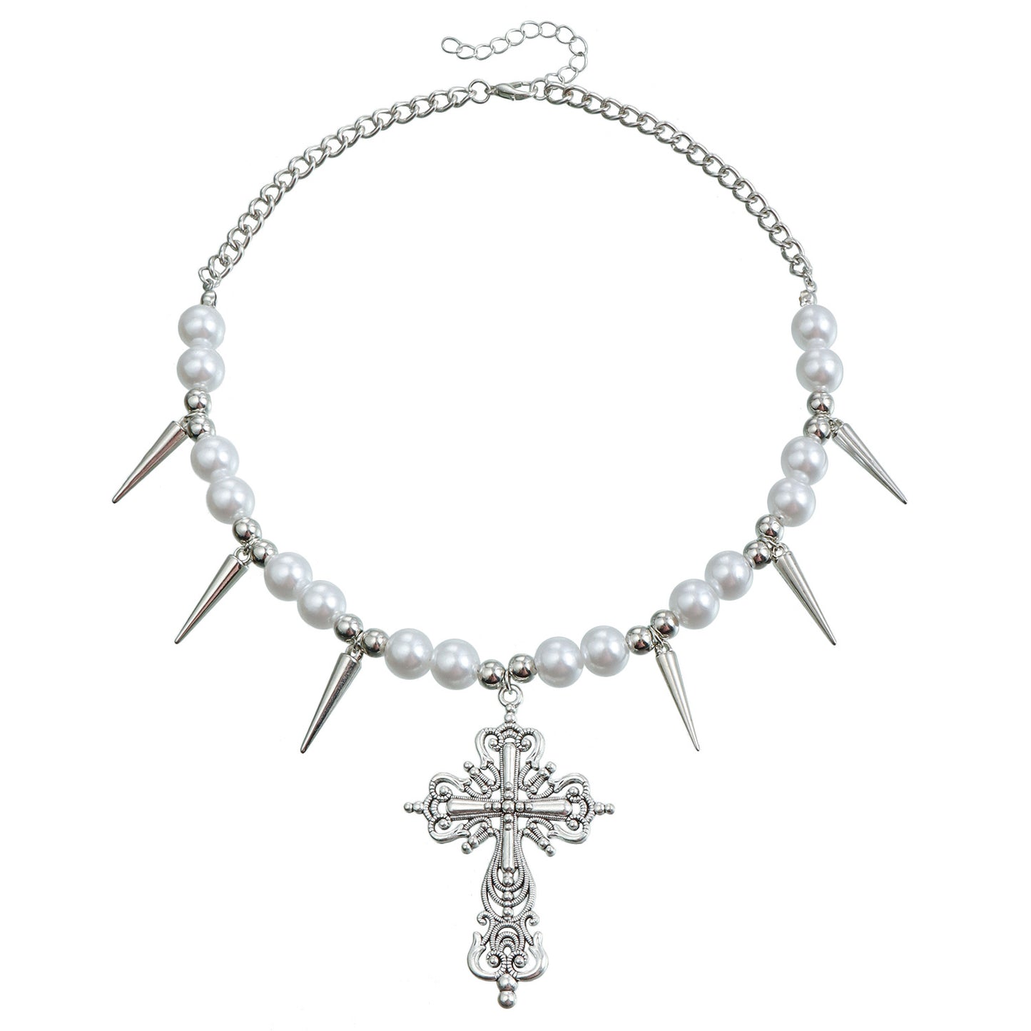 Exaggerated Geometric Cross Pendant Alloy Necklace with Pearl Accents for Women
