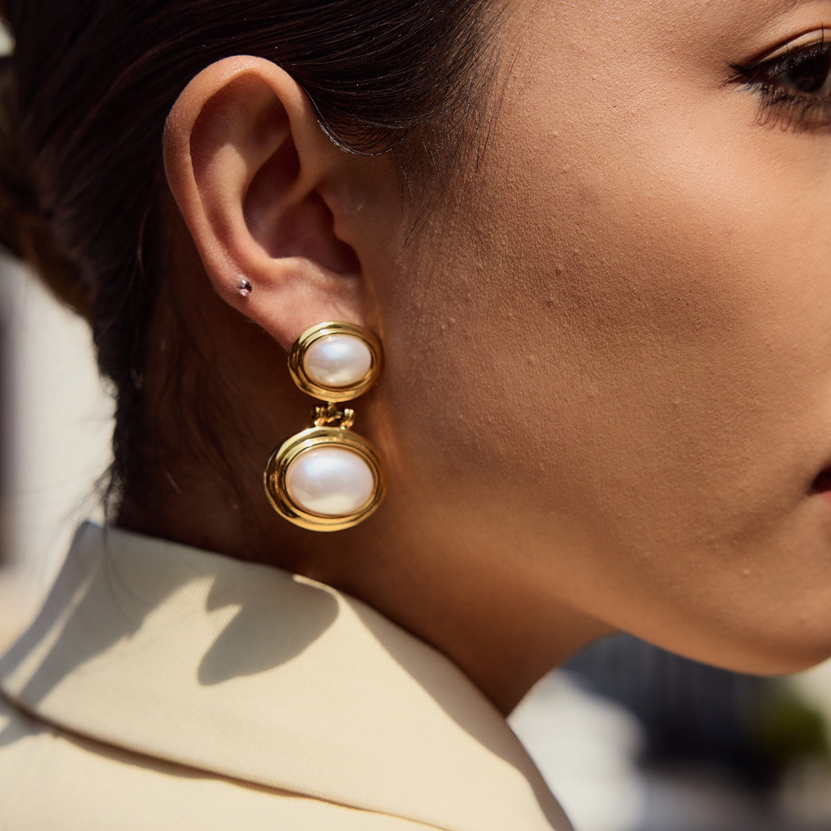 Elegant Geometric Stainless Steel Pearl Stud Earrings for Women
