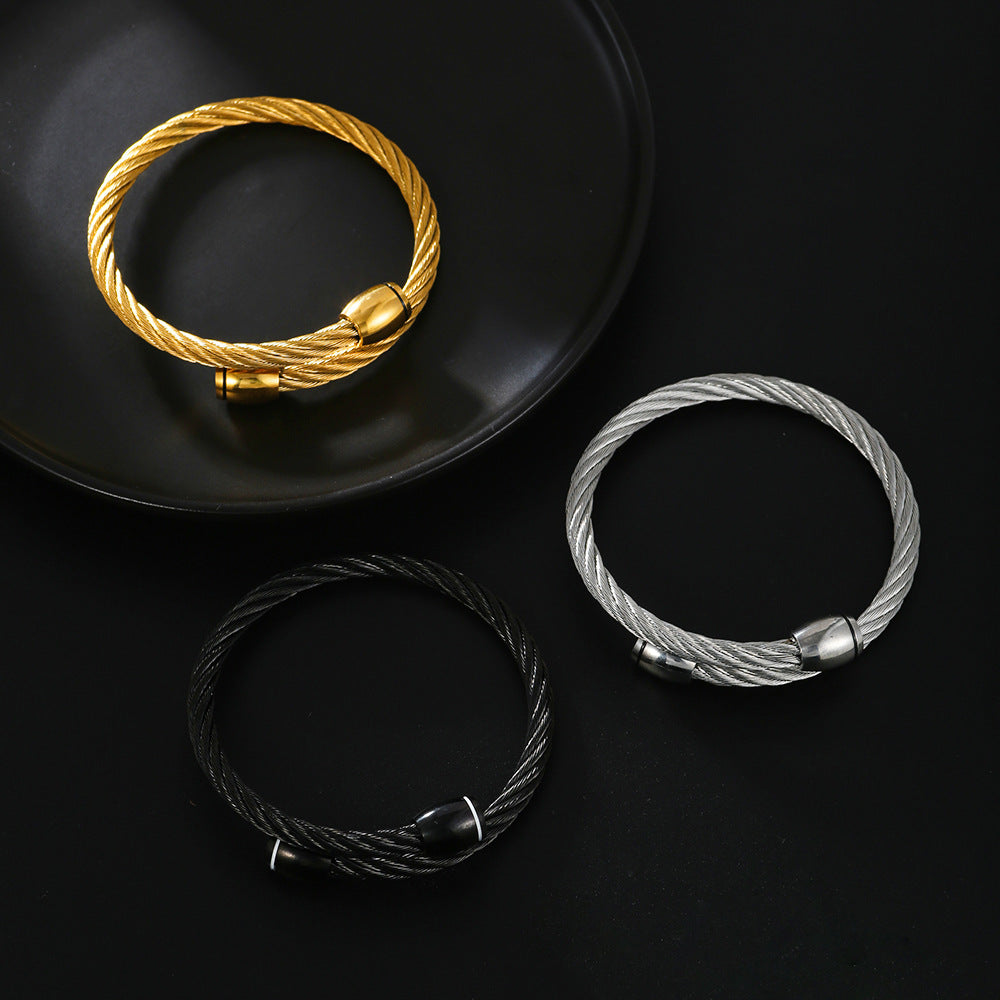 Hip-hop Punk Round Geometric Drip Oil Plated Titanium Steel Adjustable Open Cuff Bracelet for Men
