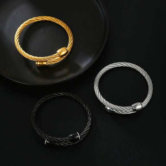 Hip-hop Punk Round Geometric Drip Oil Plated Titanium Steel Adjustable Open Cuff Bracelet for Men