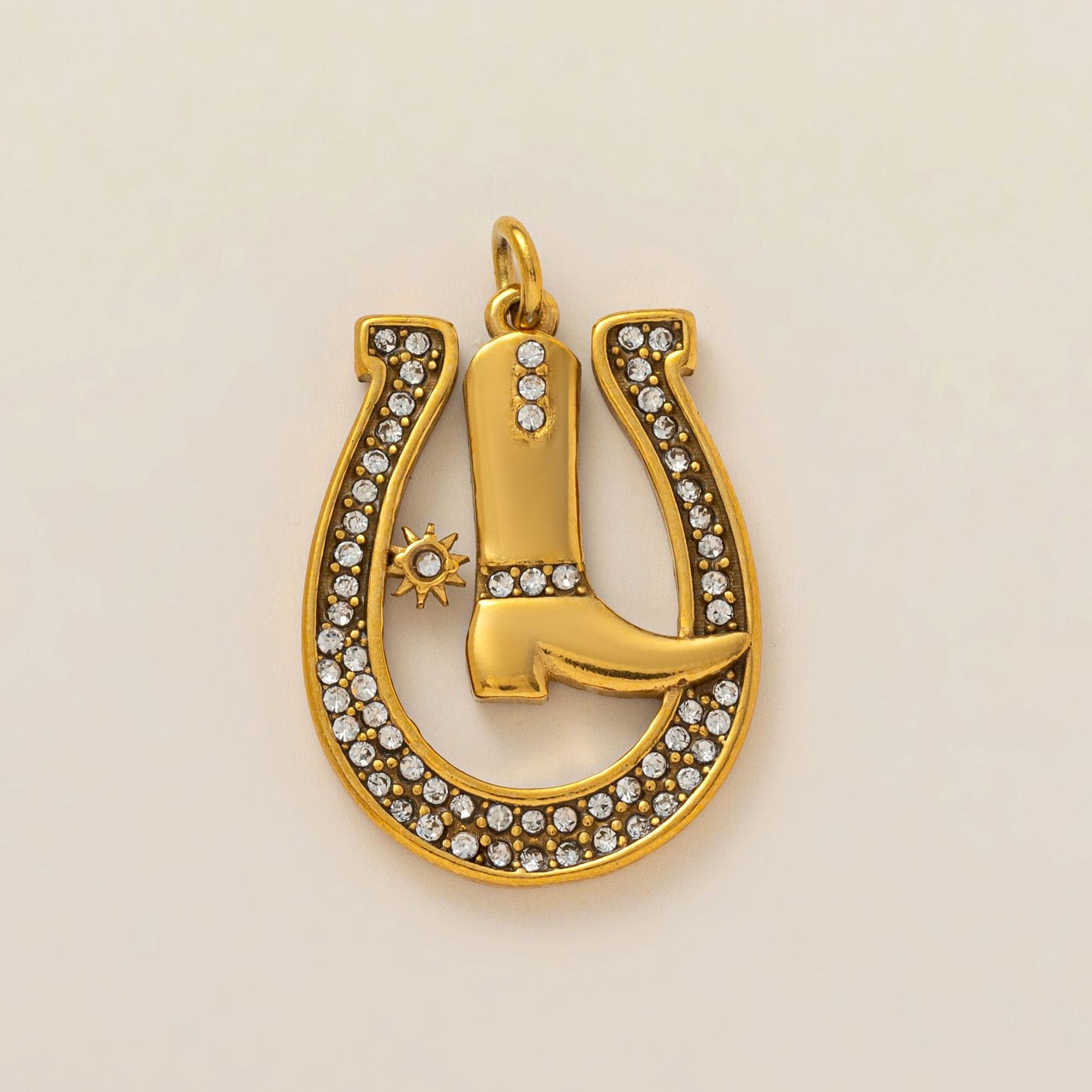 Vintage 18K Gold Plated Stainless Steel Boot Horseshoe Charm Bar PVD