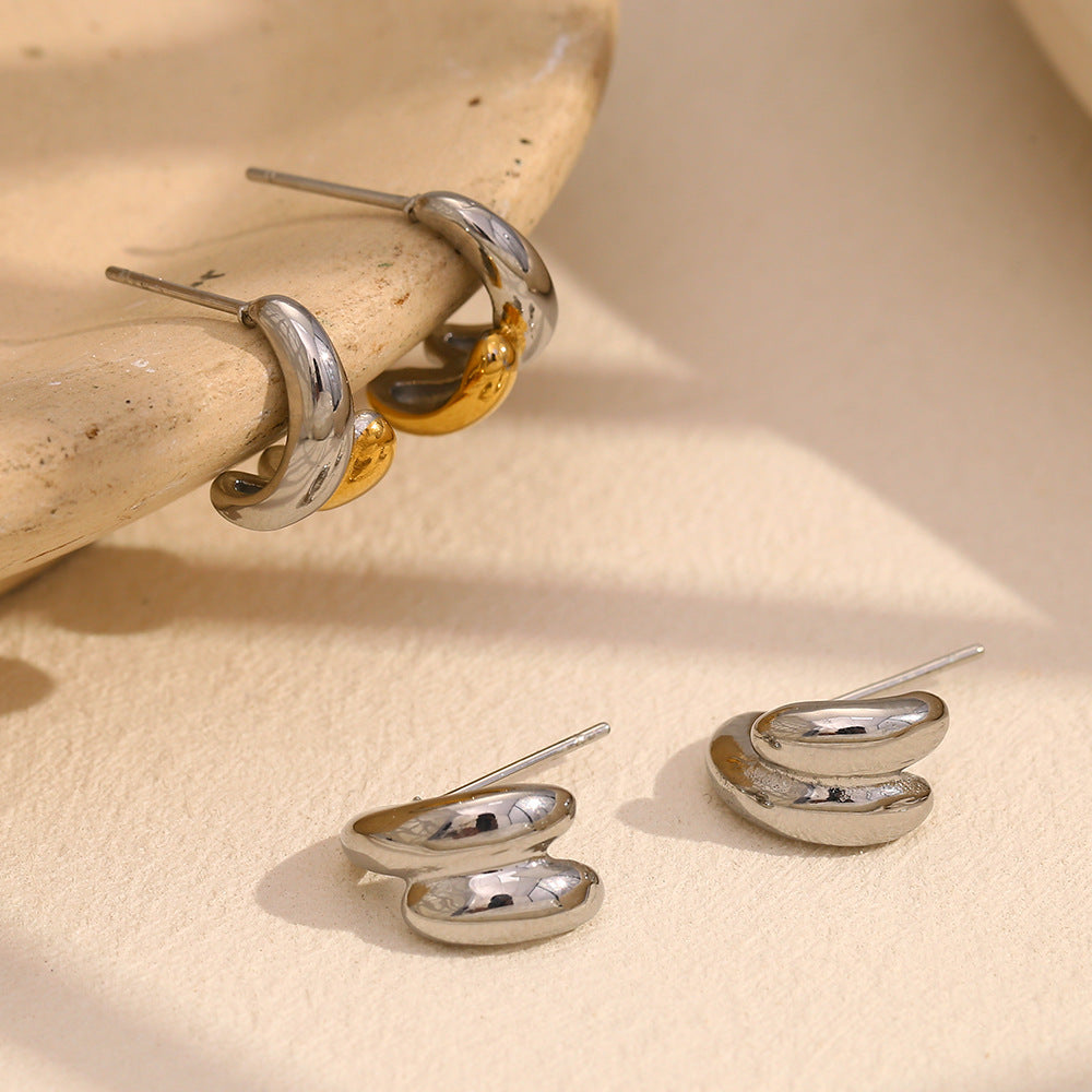 Minimalist Geometric Stainless Steel Ear Rings with 18K Gold Plating Dual-Tone Double-Layer Design