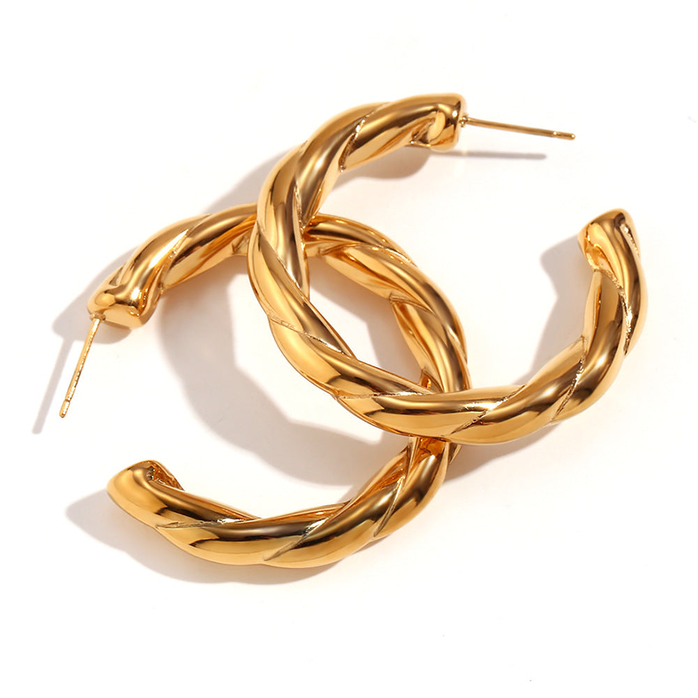 Minimalist Geometric Stainless Steel 18K Gold Plated Hollow C-Shaped Earrings for Women with Textured Hemp Pattern