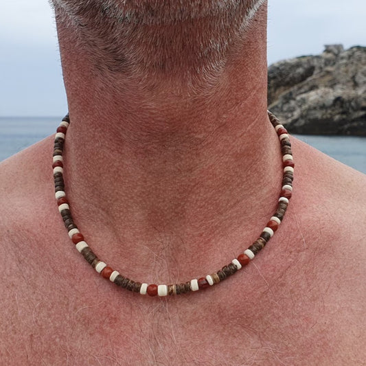 Bohemian Handmade Geometric Wood and Coconut Shell Ball Chain Necklace
