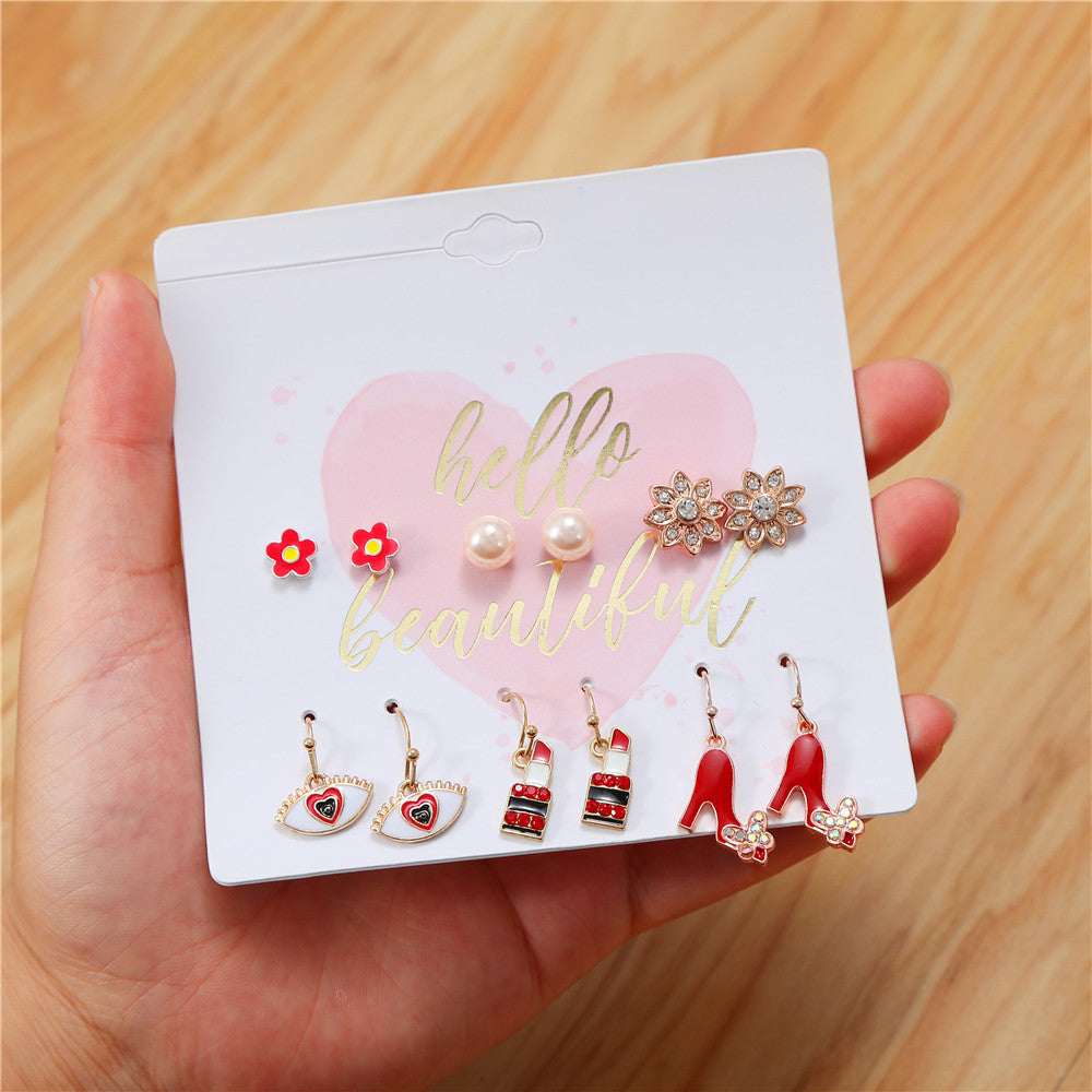 Sweet French Style Heart Geometric Alloy Rhinestone Inlay Earring Set for Women