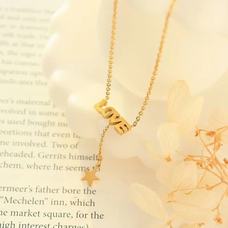 Minimalist Love Letter Pendant Necklace with Star Charm in Titanium Steel for Women