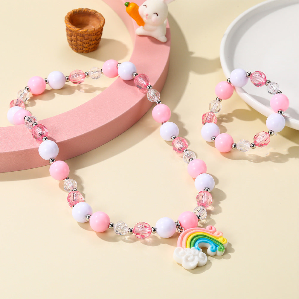 Set di collane colorate per bambini alla dopamina con braccialetto di perline rosa, ciondolo unicorno arcobaleno e gioielli per bambini a forma di animale in acrilico
