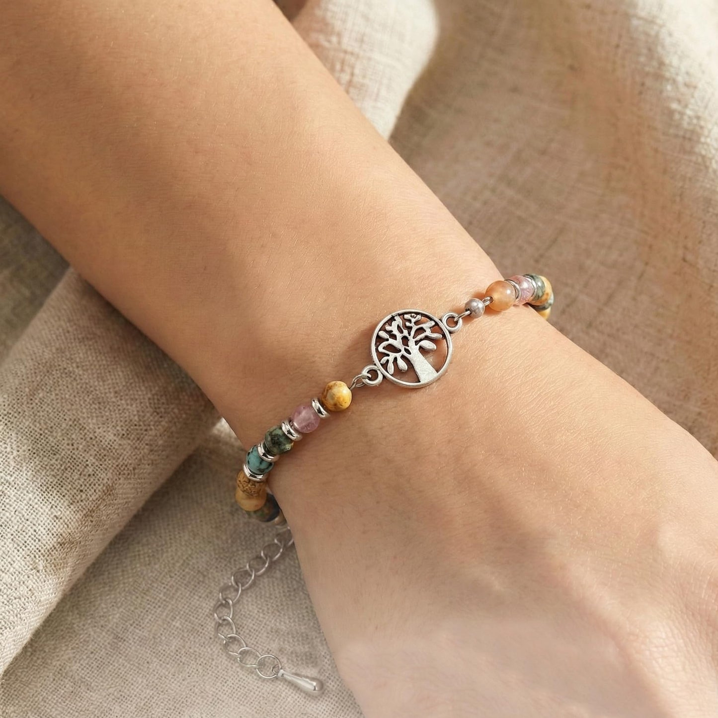 Elegant Geometric Tree of Life Alloy Charm Bar with Turquoise and Crystal Inlay Stainless Steel Adjustable Women's Jewelry