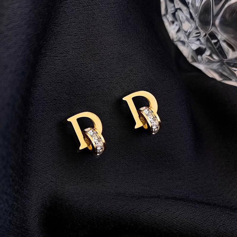 Minimalist Geometric Titanium Steel Letter D Stud Earrings for Women with Rhinestone Inlay and Plated Finish