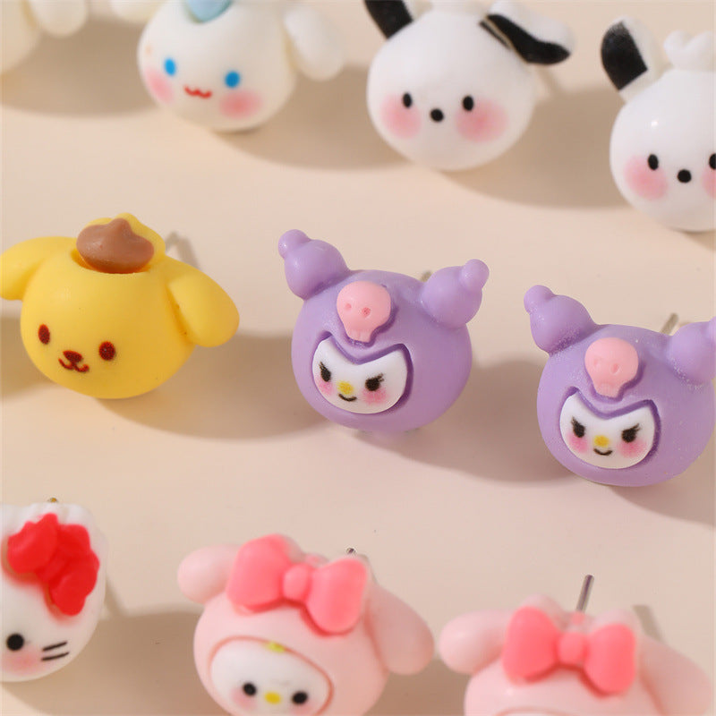 Orecchini a perno per bambine di Sanrio Kiki, in resina plastica, con personaggi dei cartoni animati e intarsio di perle