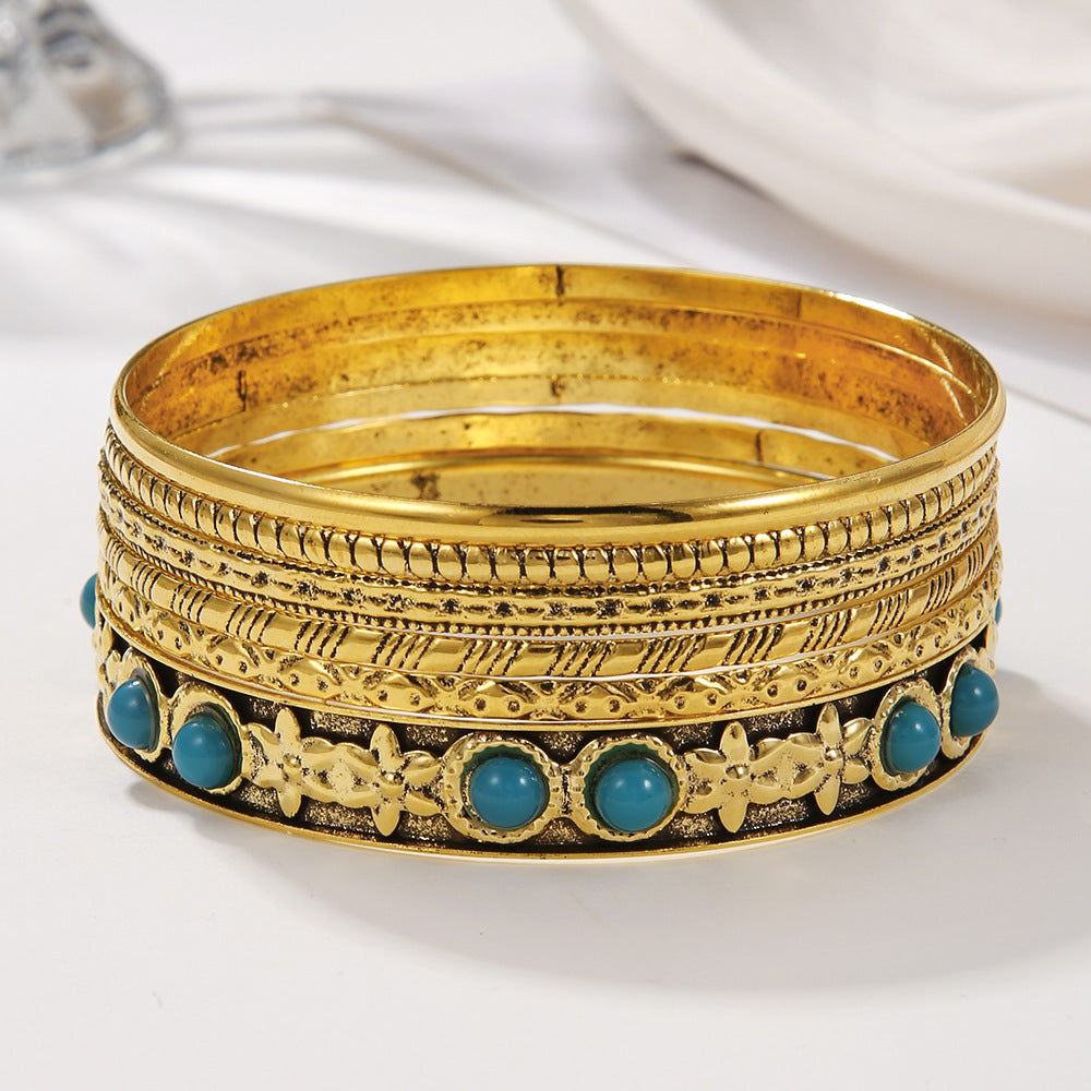 Vintage Bohemian Round Geometric Plated Iron Cuff Bracelet with Synthetic Turquoise