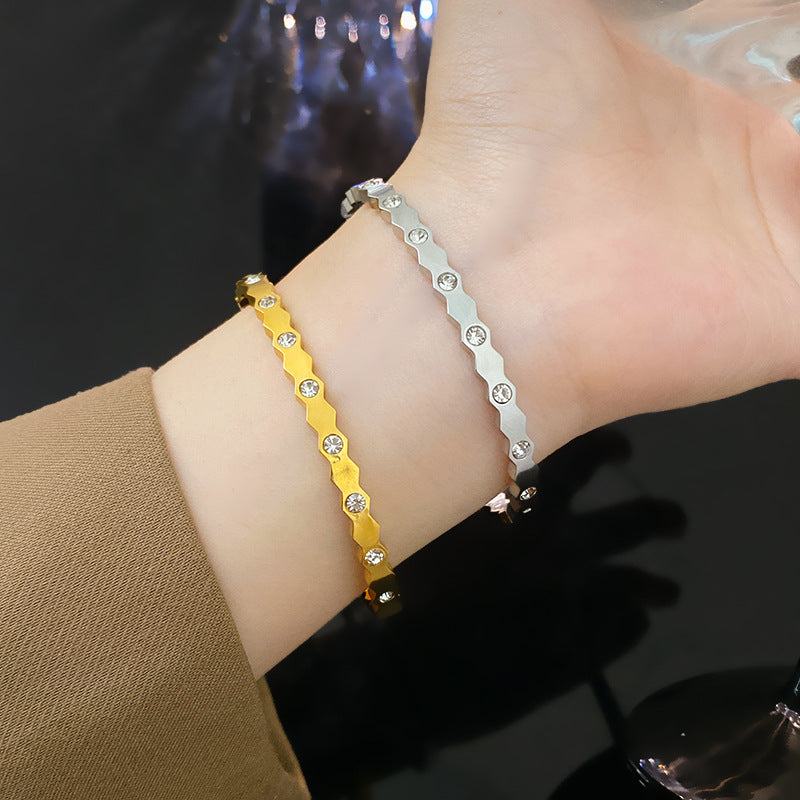 Minimalist Luxury Geometric Cubic Zirconia Plated Titanium Steel Half Bangle