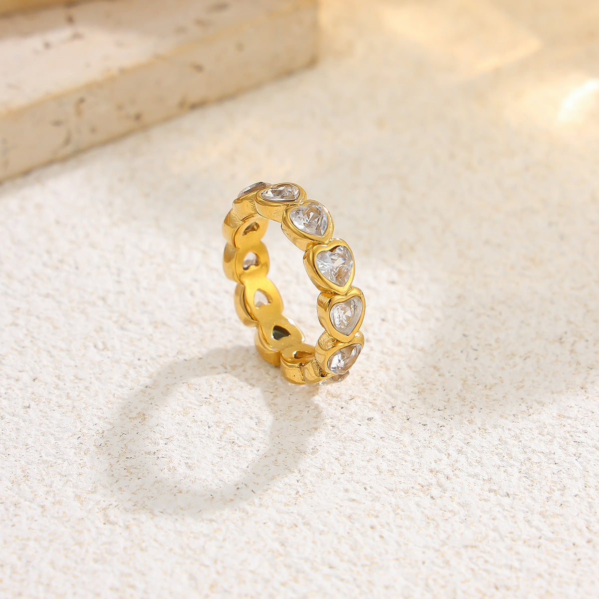 Luxury 18K Gold Plated Stainless Steel Square Round Micro Pave Cubic Zirconia Ring for Women
