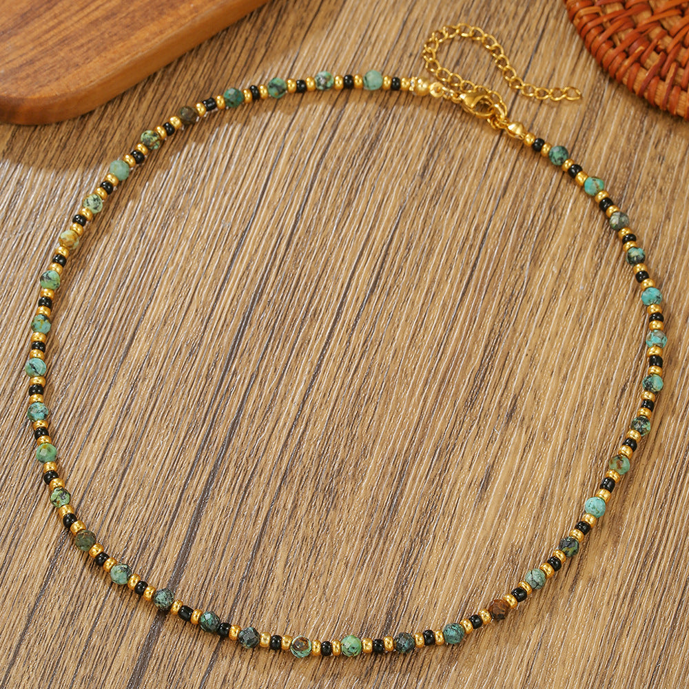 Minimalist Geometric Round Natural Crystal and African Turquoise Beaded Alloy Necklace for Women