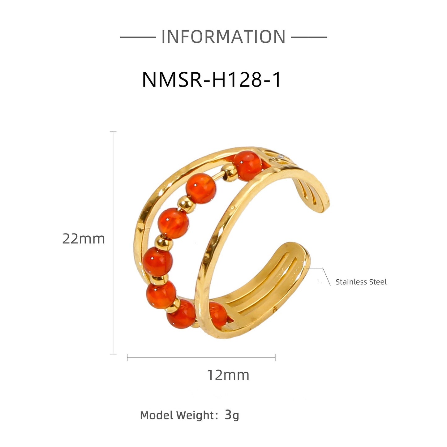 Anello Aperto Regolabile da Donna Minimalista Ispirato al Vintage Realizzato in Acciaio Inossidabile con Intarsio in Pietra Naturale e Finitura Placcata