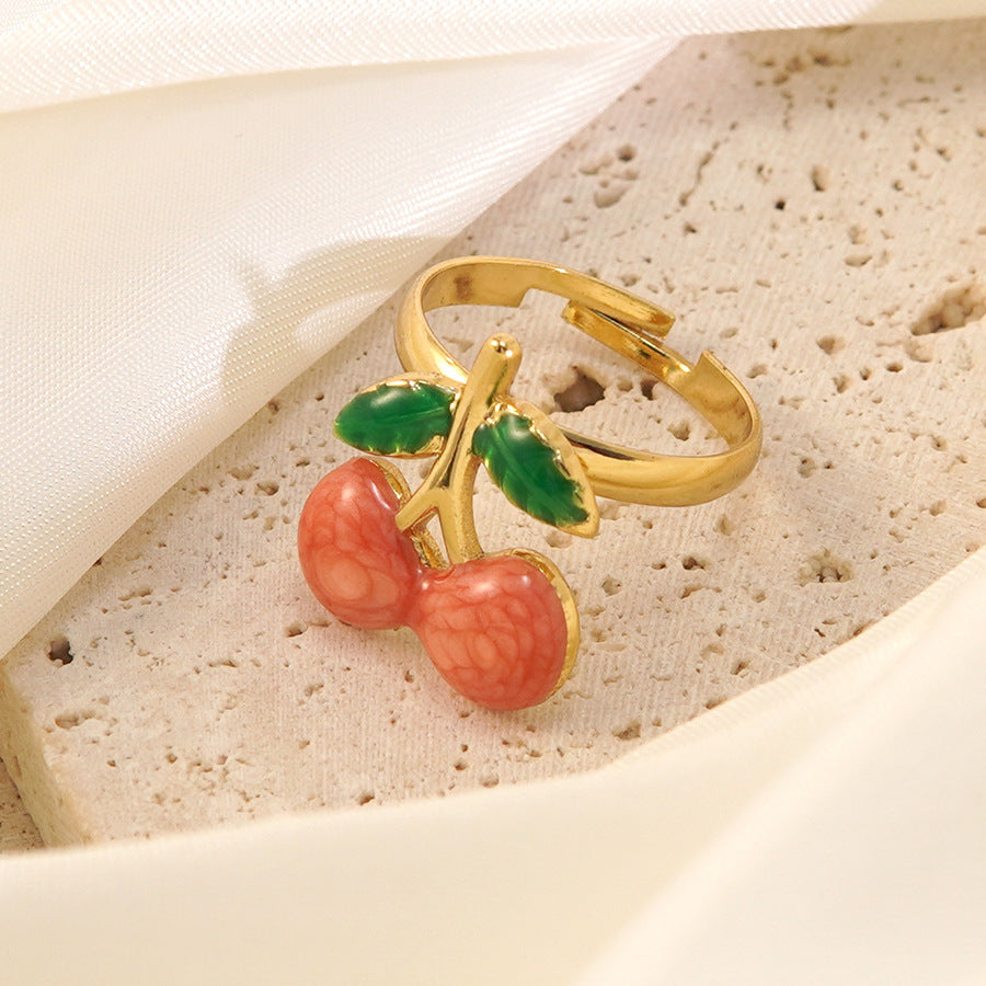 Sweet Drip Oil Stainless Steel Cherry Ring for Women