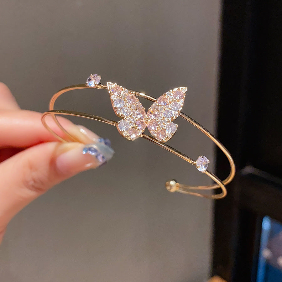 Elegant Butterfly Cubic Zirconia Inlaid Brass Cuff Bracelet for Women