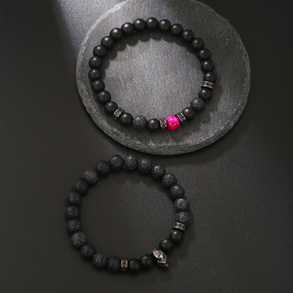 Men's Micro-Paved Cubic Zirconia Skull Geometric Lava Stone Bracelet Set