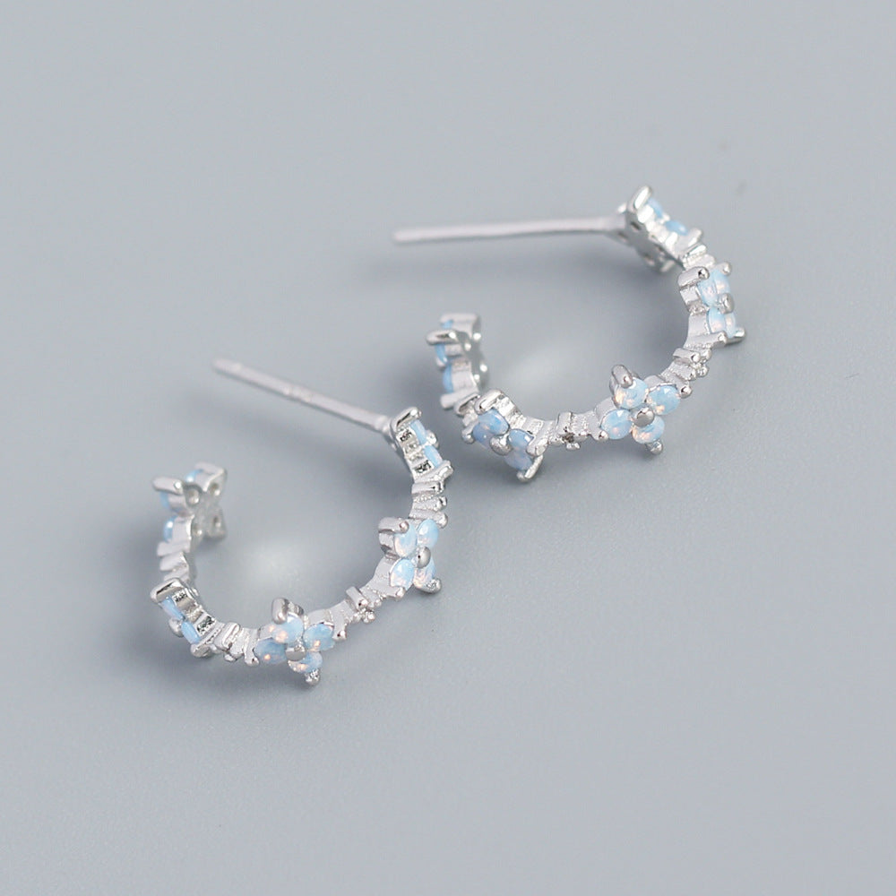 Sweet and Edgy Floral Clover-Shaped S925 Sterling Silver Stud Earrings with Milky White Stone Accents