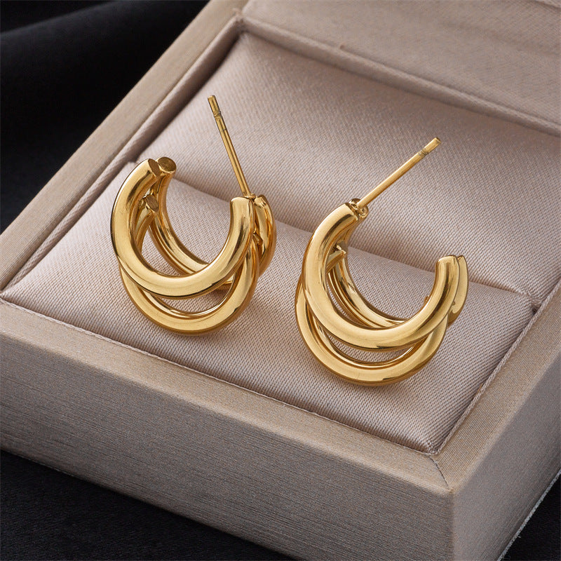 Minimalist Geometric Titanium Steel C-Shaped Multi-Layer Earrings with Plated Finish