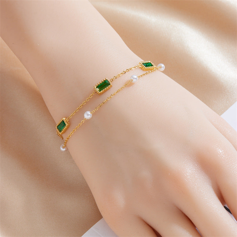 Vintage Business Casual Plated Stainless Steel Box Chain Bracelet with Square and Flower Accents