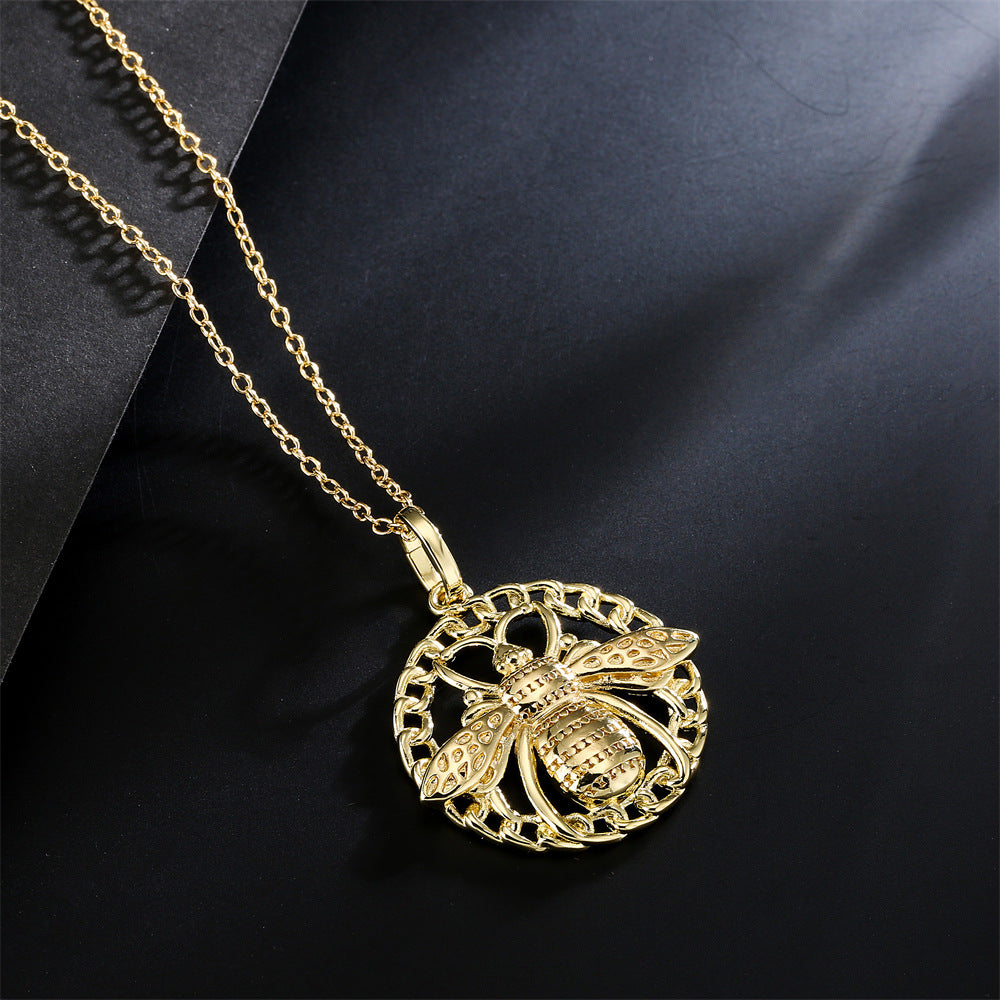 Vintage Bohemian Geometric Bee Gold Plated Brass Necklace with Cubic Zirconia Inlay Cable Chain
