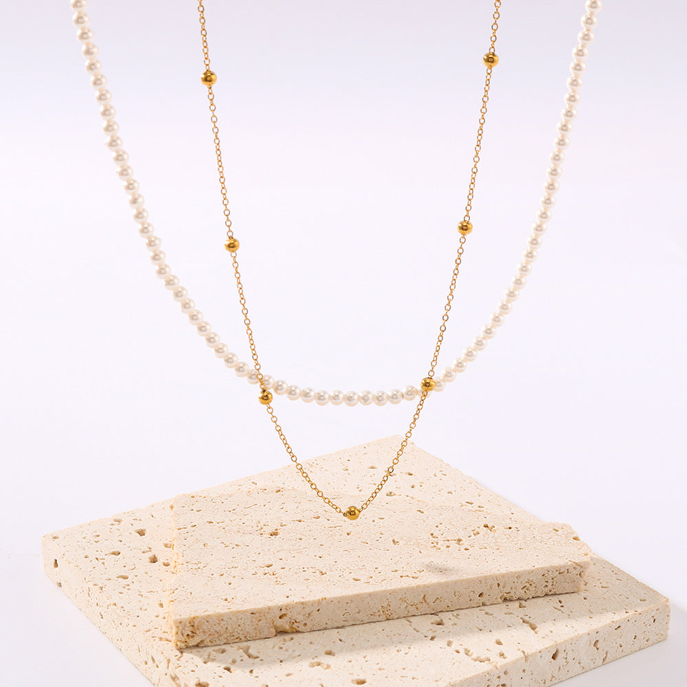 Vintage French-Inspired Geometric Pearl Necklace with Stainless Steel Chain and 18K Vacuum Plated Titanium Steel Pendant for Women