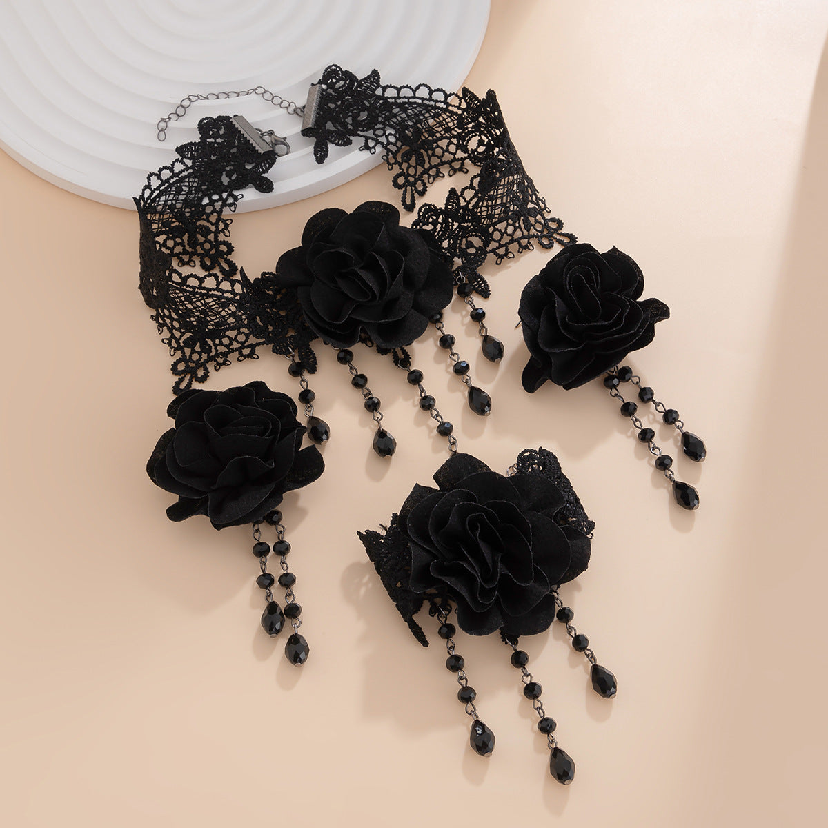 Gothic Black Lace Tassel Pendant Choker Necklace with Rose Floral Design and Rhinestone Accents for Women