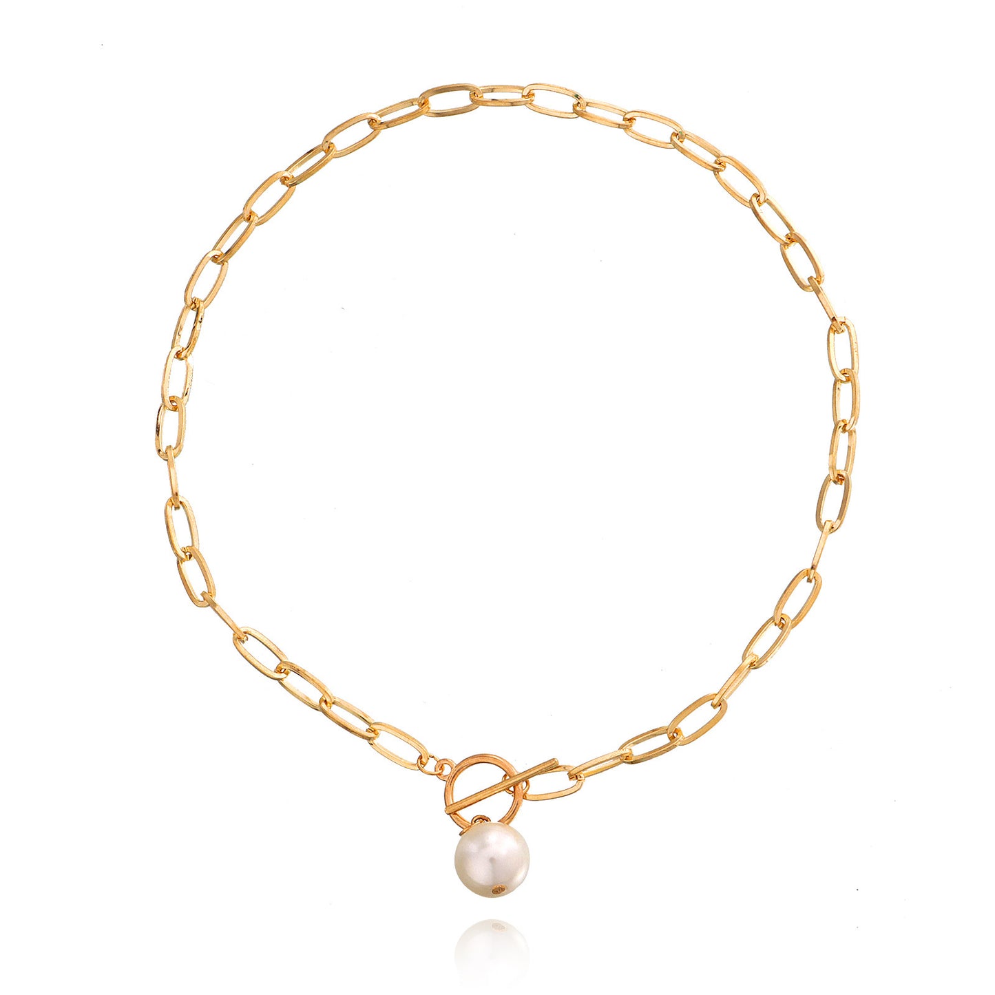 Minimalist Punk Style Geometric Paperclip Bamboo Link Necklace with Large Pearl Pendant for Women