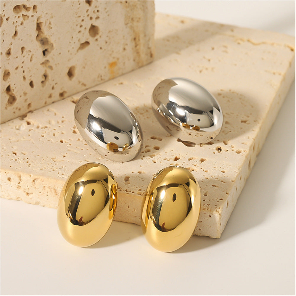 Minimalist Oval Stainless Steel Earrings with 18K Gold Plating, Geometric 3D Design, Polished Mirror Finish