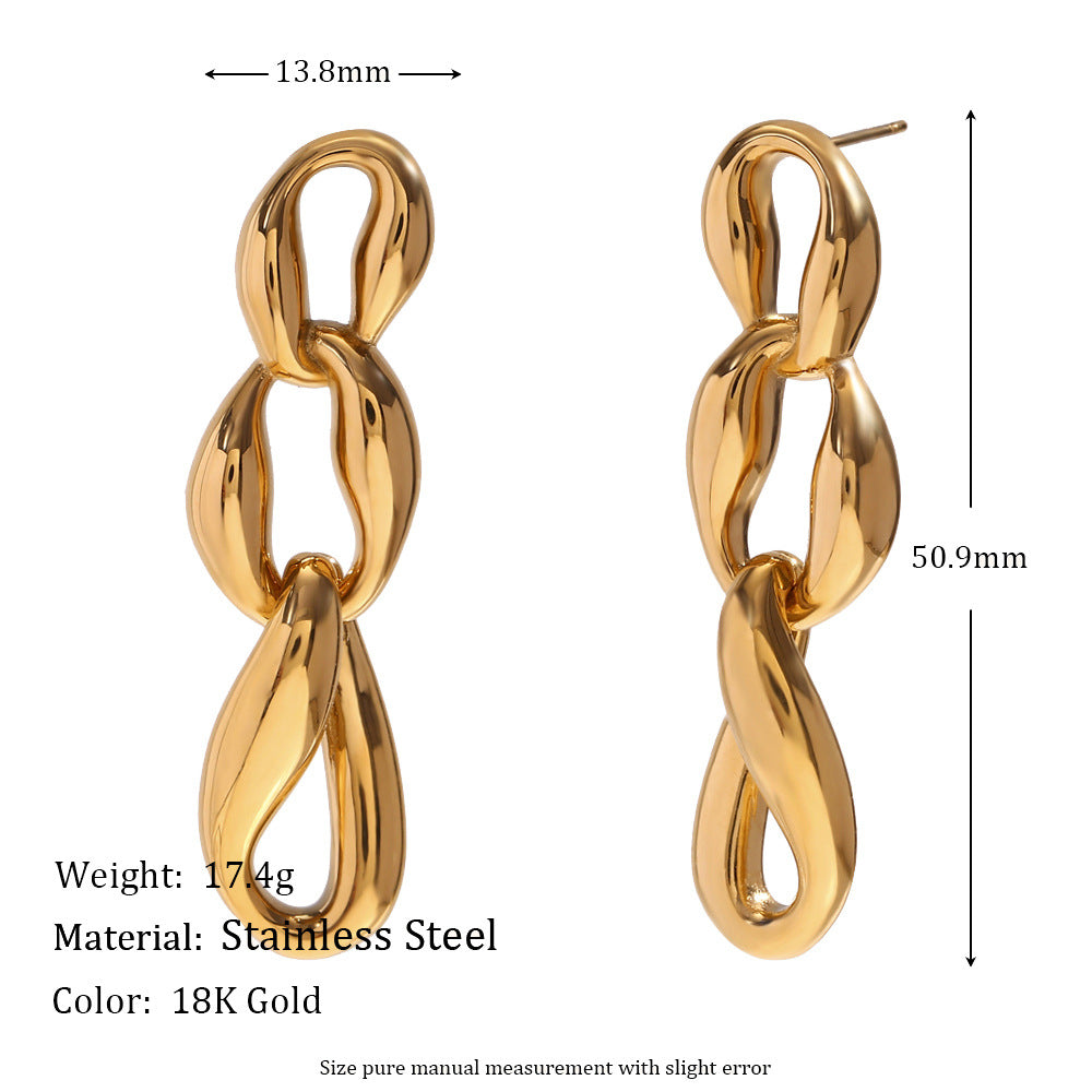 Minimalist Modern Geometric Irregular Three-Ring Chain Earrings in Stainless Steel with 18K Gold Plating