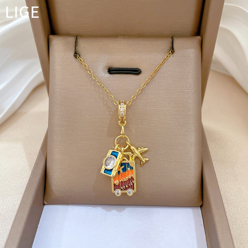 Cartoon Style Airplane Camera Pendant Necklace for Women with Zircon Inlay on Titanium Steel Chain