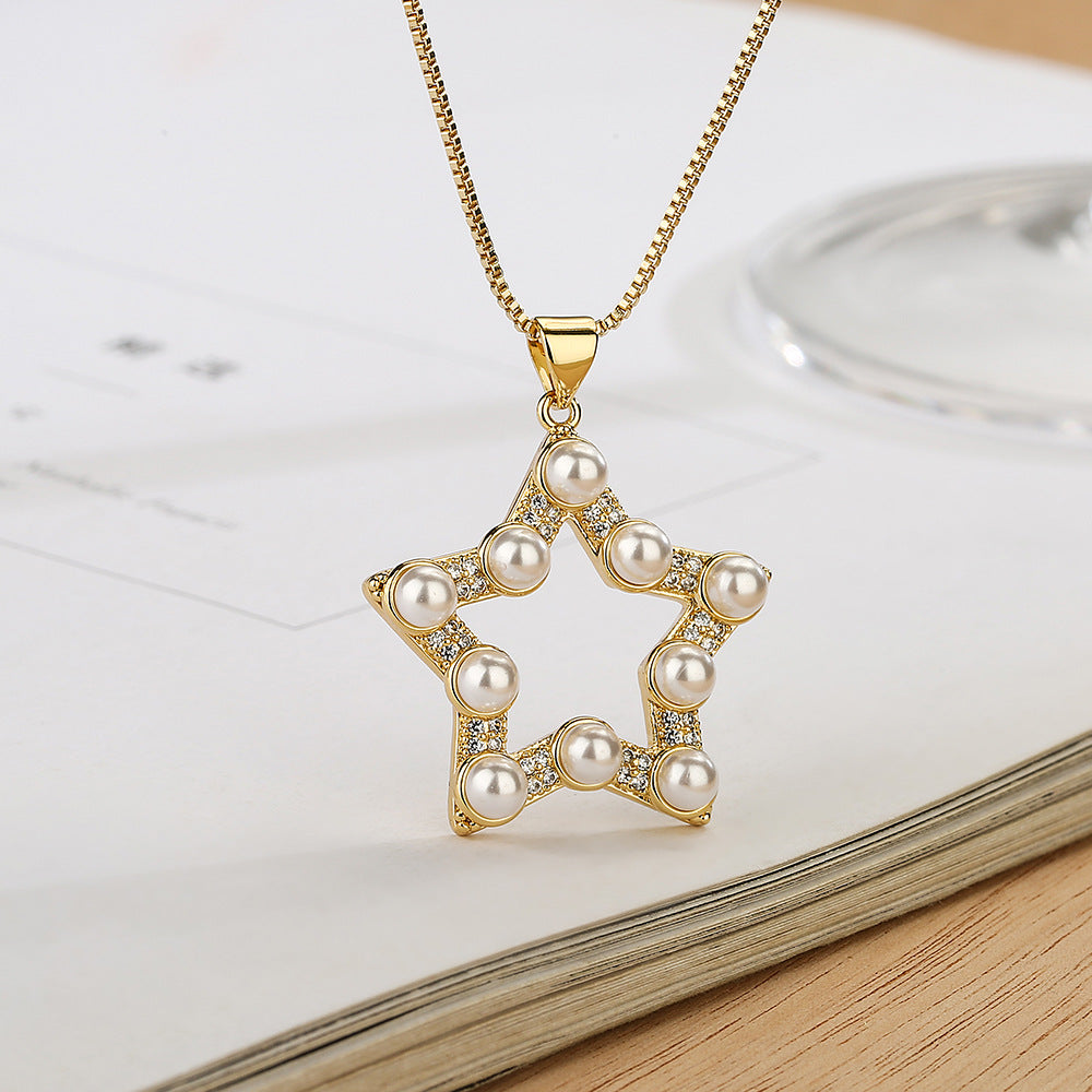 Minimalist Geometric Star Pendant Necklace in Copper with Zircon and Pearl Accents for Women