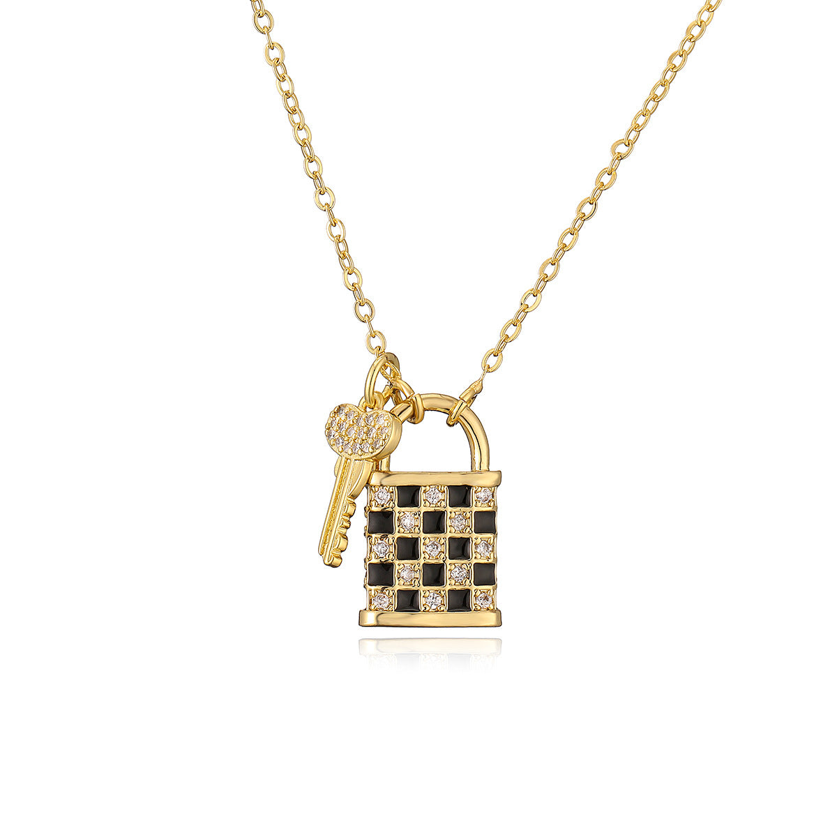 Minimalist Geometric Chessboard Pattern Enamel Key Lock Pendant Necklace for Women in Brass with 18K Gold Plating and Zircon