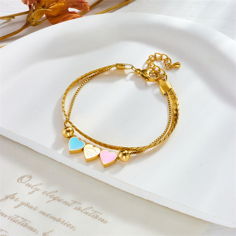 Fashionable Minimalist Heart-Shaped Titanium Steel Bracelet with Dual-Layer Chain Design and Enamel Coloring