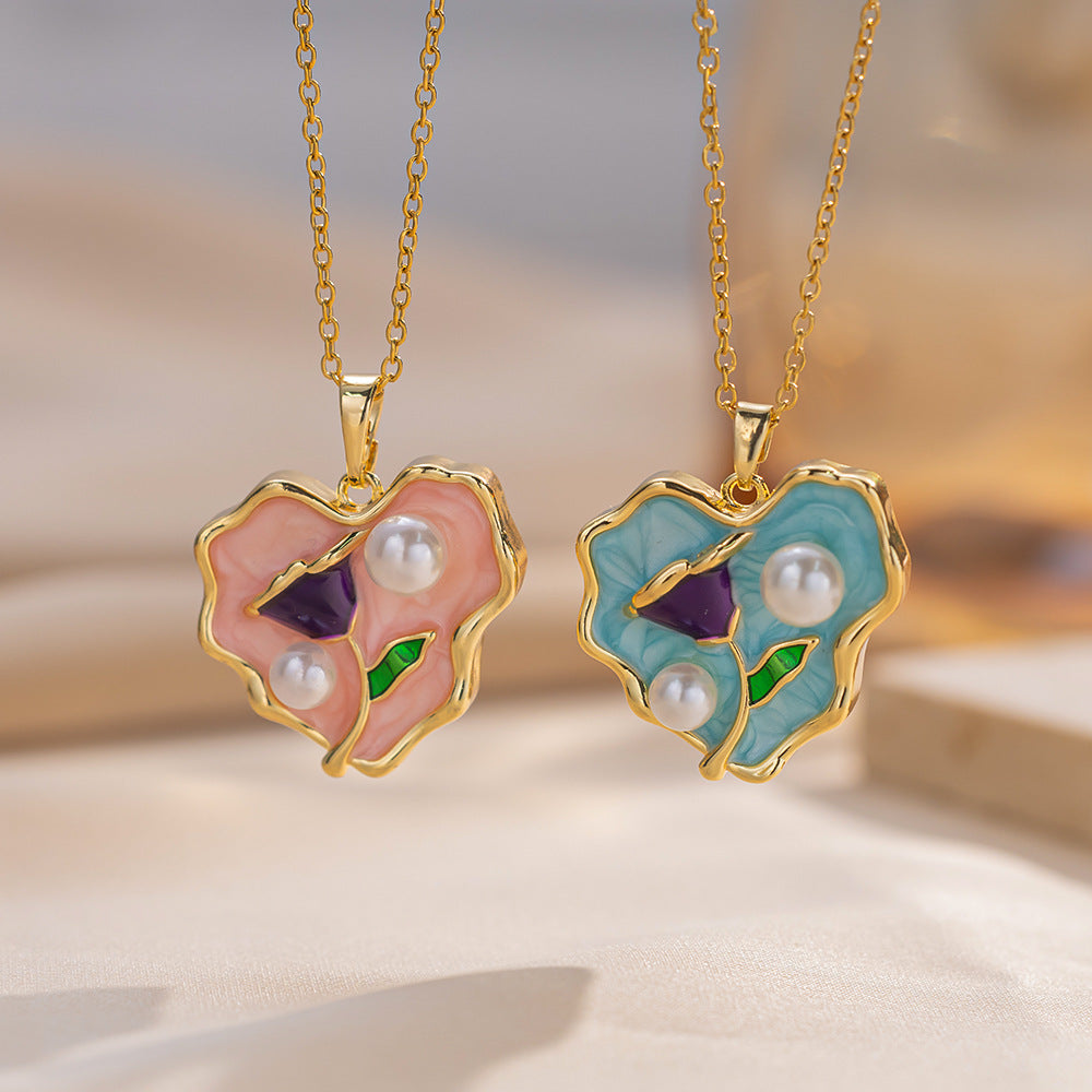 Light Luxury Heart-Shaped Pearl Pendant Necklace for Women with Titanium Steel Chain and 18K Gold Plated Copper Charm