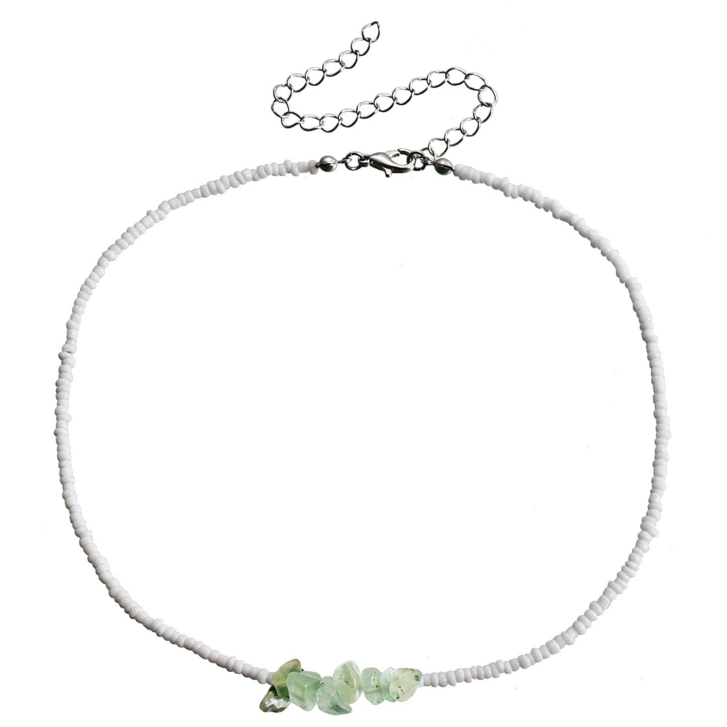 Bohemian Geometric Beaded Necklace for Women with White Beads and Blue Crystal-Like Accents on Clavicle Chain